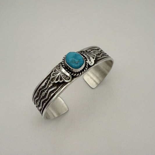 Stamped Kingman Turquoise Cuff Bracelet By Sunshine Reeves 5.5"