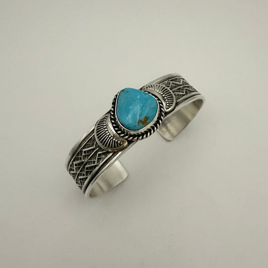 Stamped Kingman Turquoise Cuff Bracelet By Sunshine Reeves 5.5"