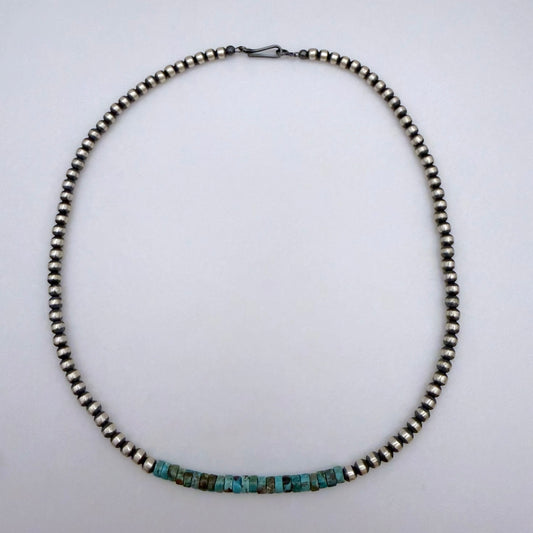Round Navajo Pearls Necklace 4mm 16 Inch with Kingman Turquoise