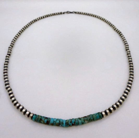 Round Navajo Pearls Necklace 4mm 20 Inch with Kingman Turquoise