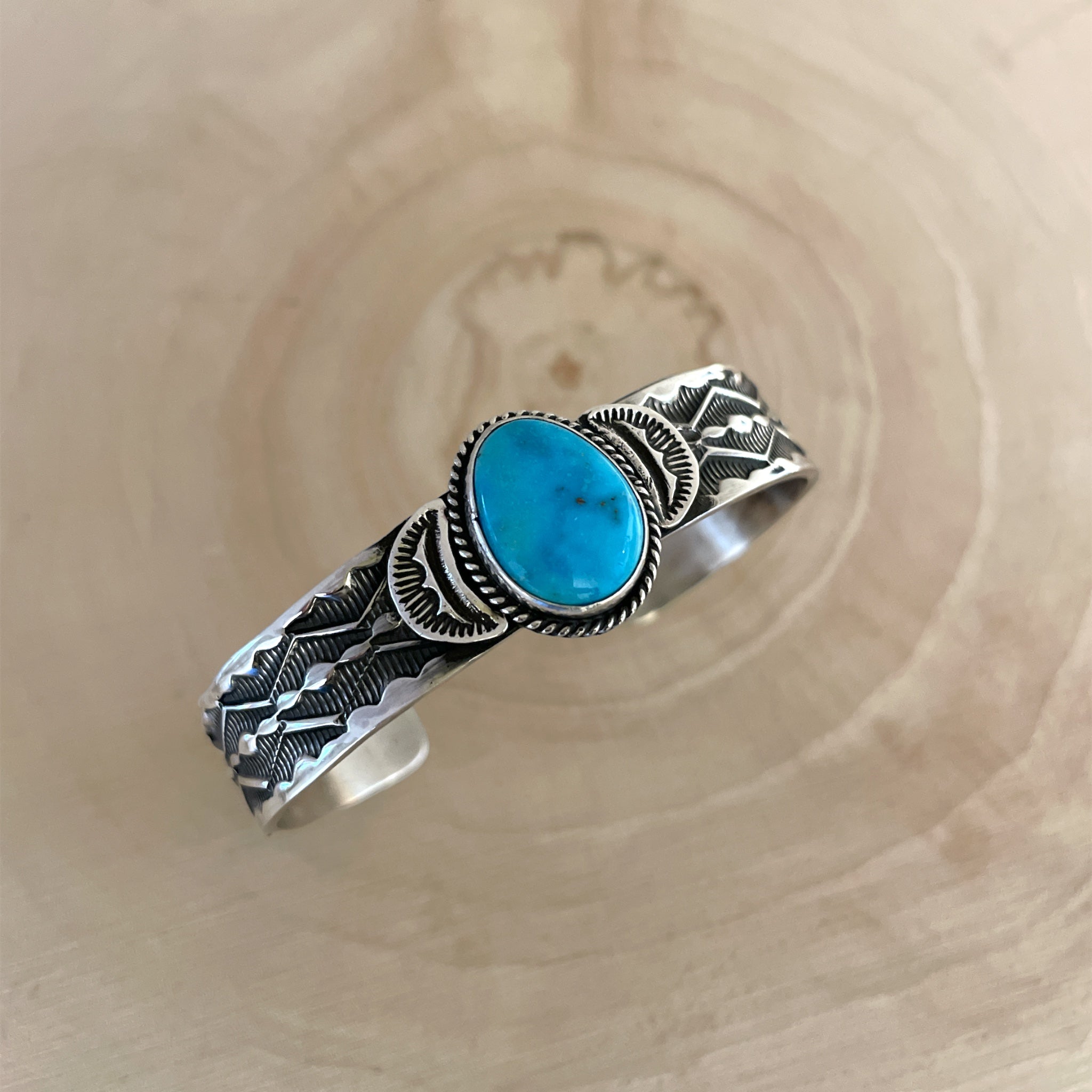 Stamped Kingman Turquoise Cuff Bracelet By Sunshine Reeves 5.43