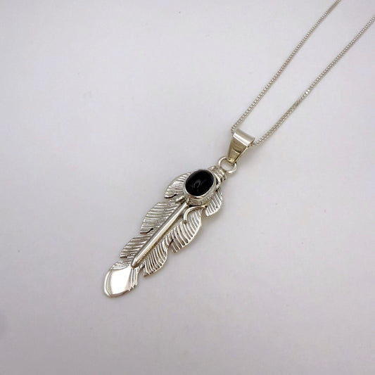 Onyx Feather Pendant Necklace – 24" Chain