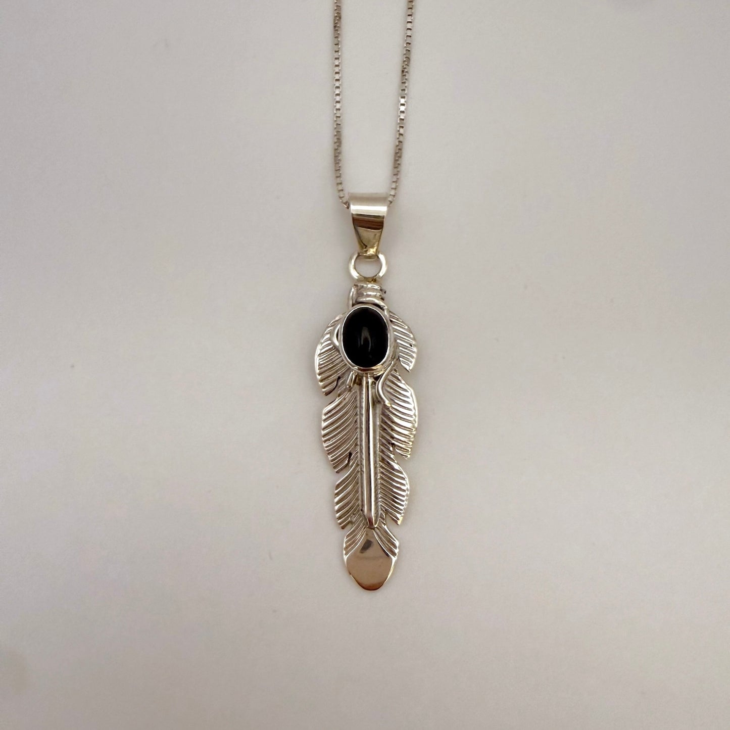 Onyx Feather Pendant Necklace – 24" Chain