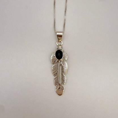 Onyx Feather Pendant Necklace – 24" Chain