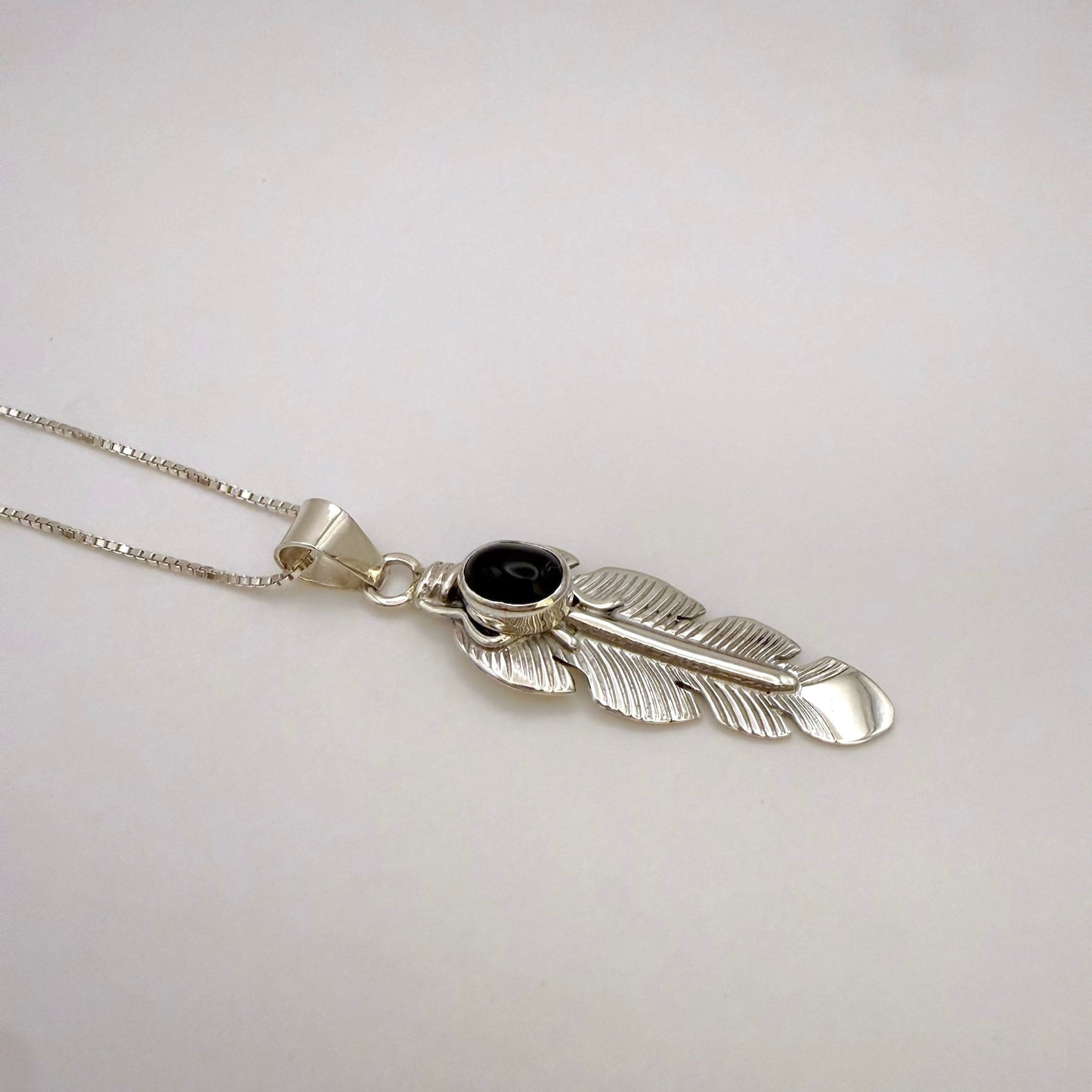 Onyx Feather Pendant Necklace – 24" Chain