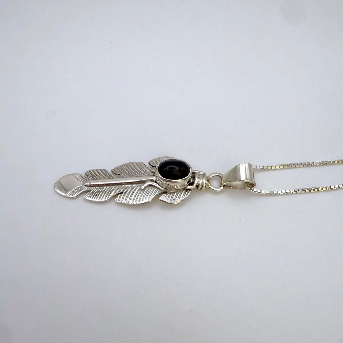 Onyx Feather Pendant Necklace – 24" Chain