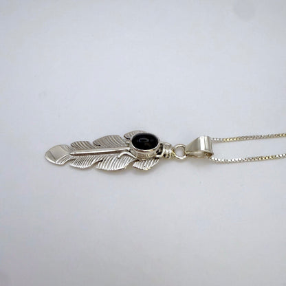 Onyx Feather Pendant Necklace – 24" Chain