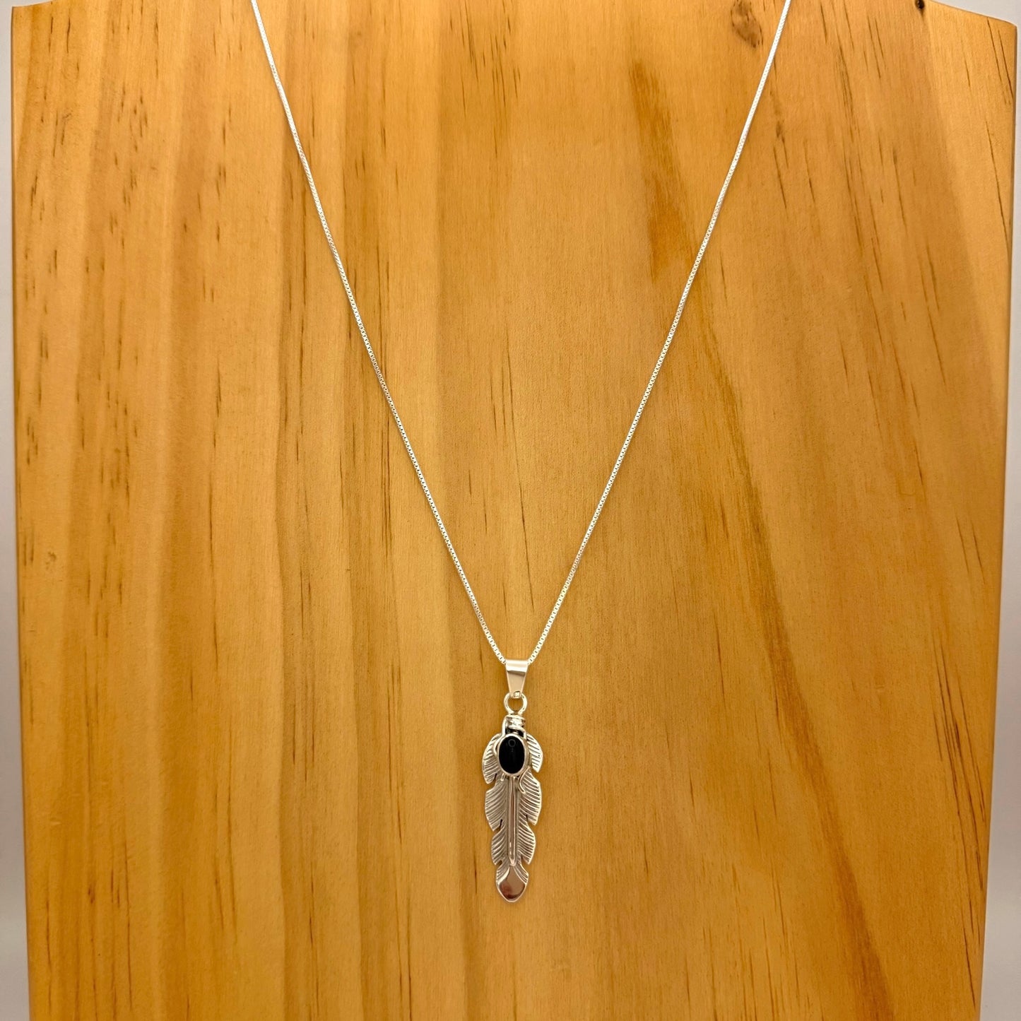 Onyx Feather Pendant Necklace – 24" Chain