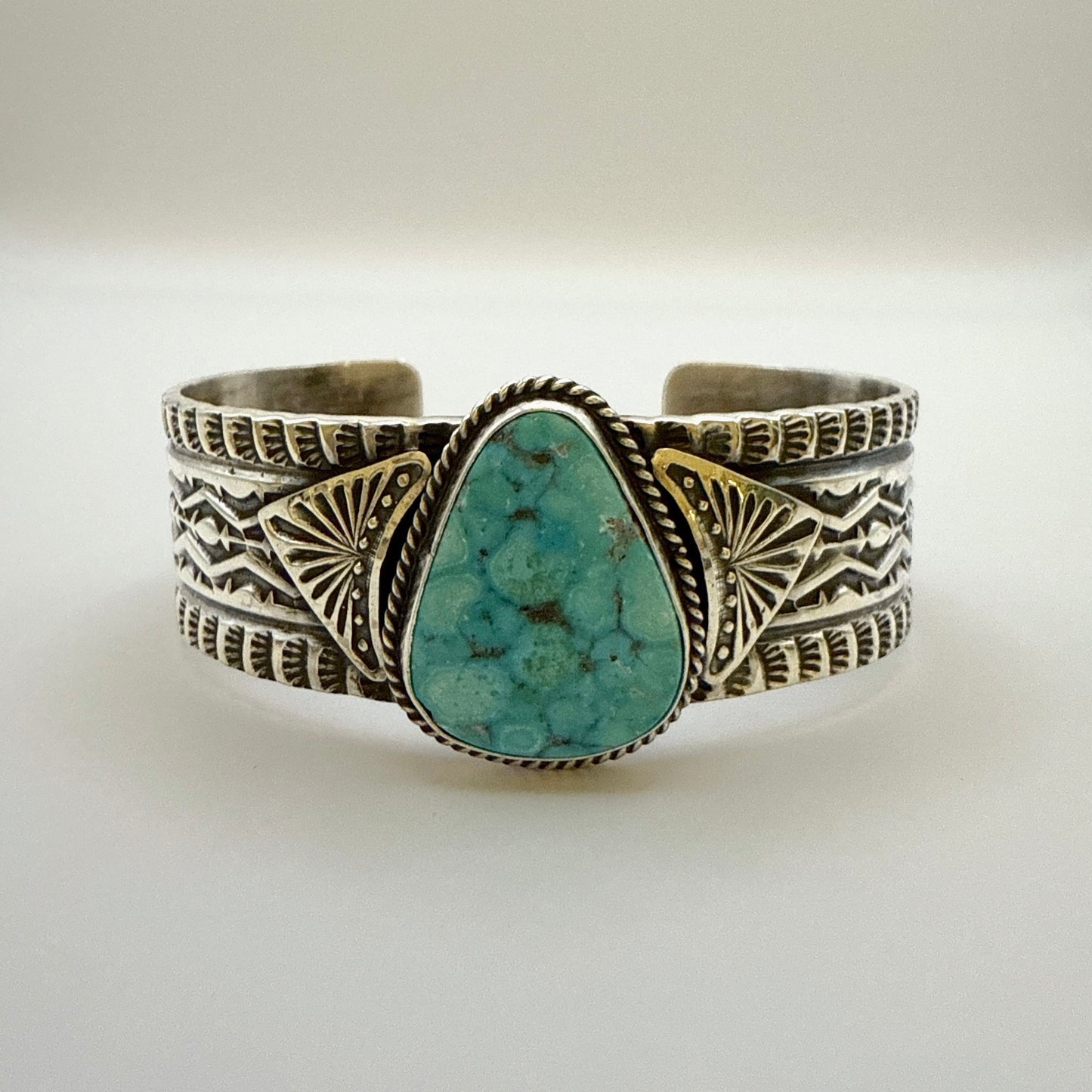 Stamped Kingman Turquoise Cuff Bracelet By Sunshine Reeves 5.5"