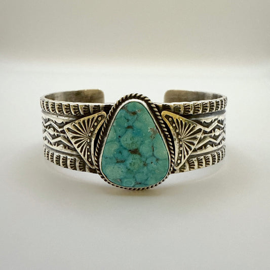 Stamped Kingman Turquoise Cuff Bracelet By Sunshine Reeves 5.5"