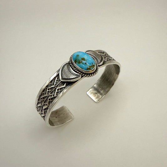 Stamped Kingman Turquoise Cuff Bracelet By Sunshine Reeves 5.5"