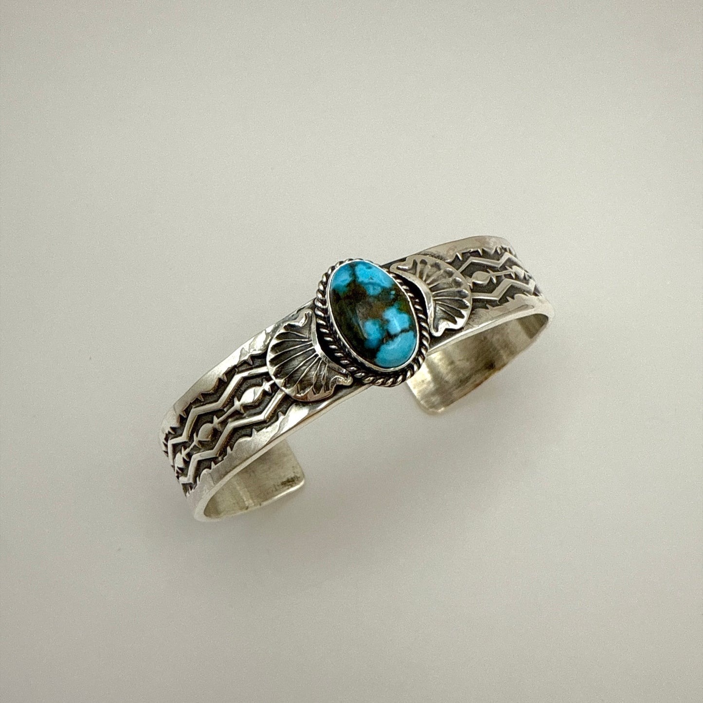 Stamped Kingman Turquoise Cuff Bracelet By Sunshine Reeves 5.5"