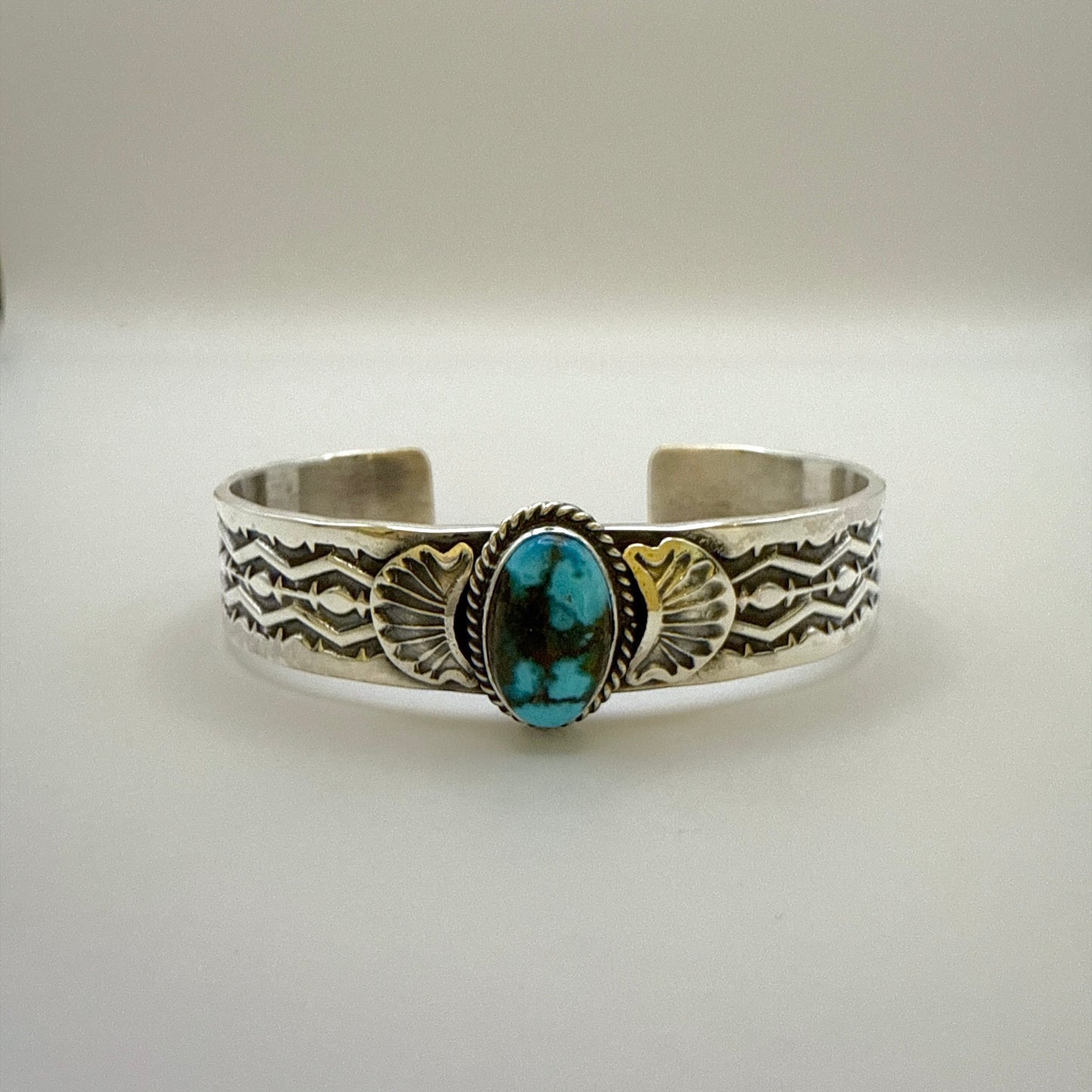 Stamped Kingman Turquoise Cuff Bracelet By Sunshine Reeves 5.5"