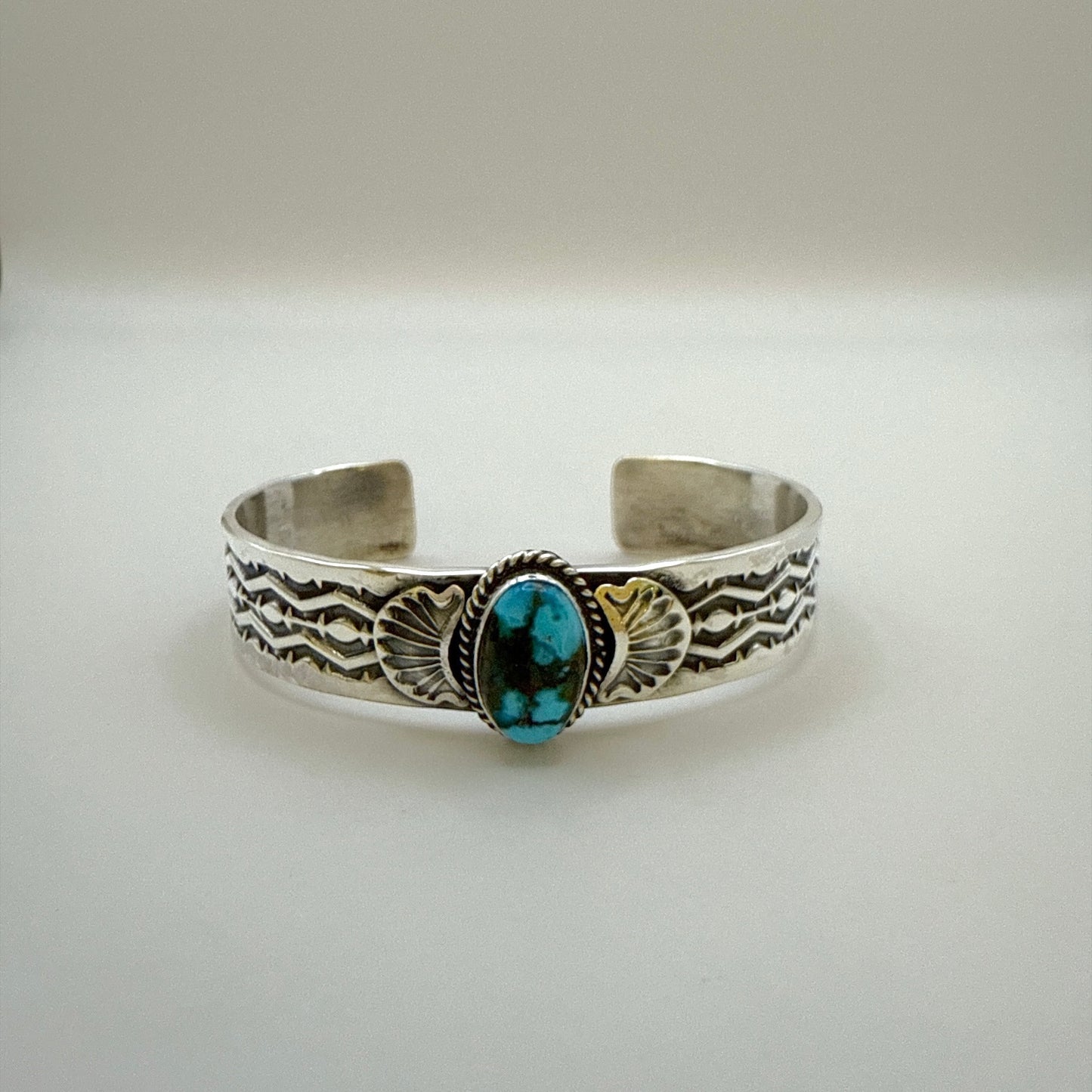 Stamped Kingman Turquoise Cuff Bracelet By Sunshine Reeves 5.5"