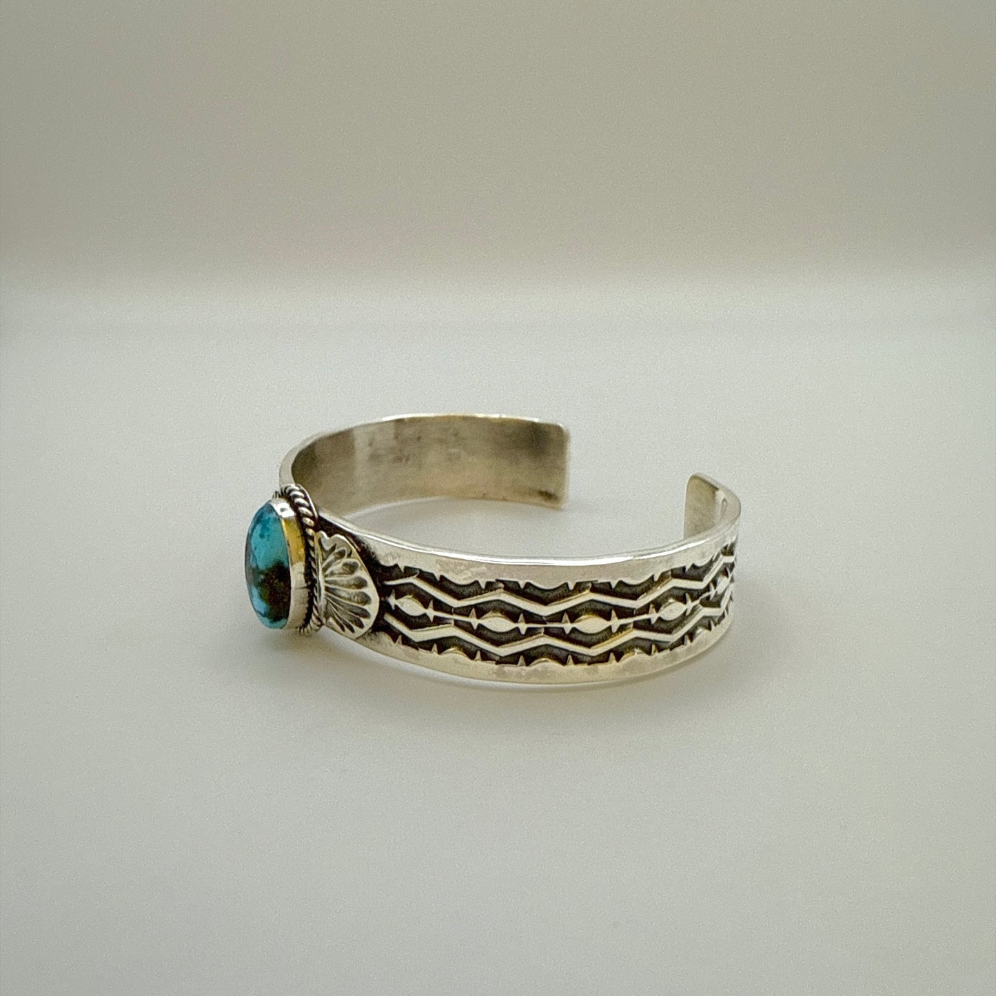 Stamped Kingman Turquoise Cuff Bracelet By Sunshine Reeves 5.5"