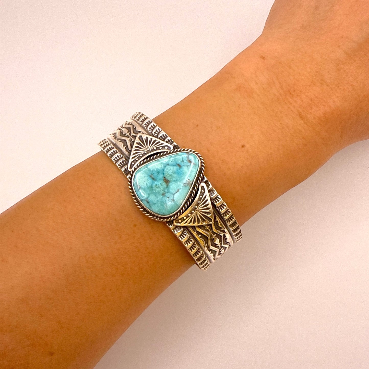 Stamped Kingman Turquoise Cuff Bracelet By Sunshine Reeves 5.5"