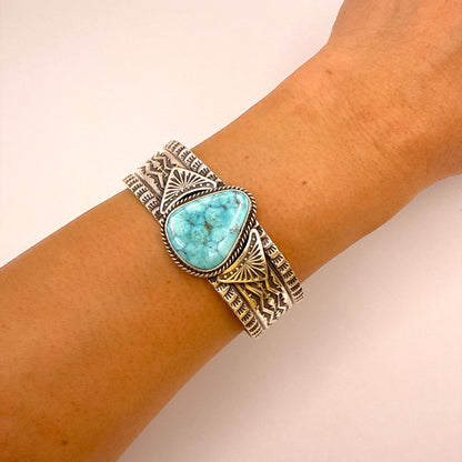 Stamped Kingman Turquoise Cuff Bracelet By Sunshine Reeves 5.5"