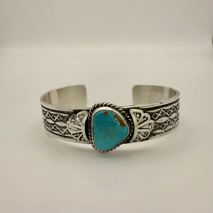 Stamped Kingman Turquoise Cuff Bracelet By Sunshine Reeves 5.6"