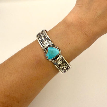 Stamped Kingman Turquoise Cuff Bracelet By Sunshine Reeves 5.6"