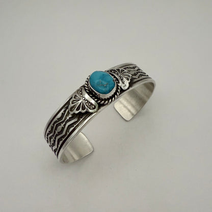 Stamped Kingman Turquoise Cuff Bracelet By Sunshine Reeves 5.5"