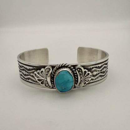 Stamped Kingman Turquoise Cuff Bracelet By Sunshine Reeves 5.5"