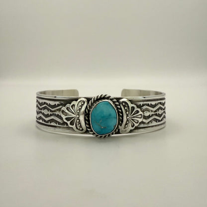 Stamped Kingman Turquoise Cuff Bracelet By Sunshine Reeves 5.5"