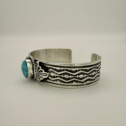 Stamped Kingman Turquoise Cuff Bracelet By Sunshine Reeves 5.5"