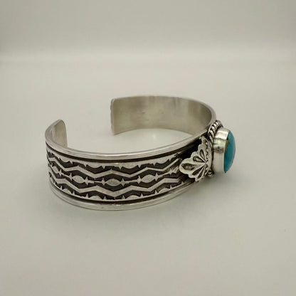 Stamped Kingman Turquoise Cuff Bracelet By Sunshine Reeves 5.5"