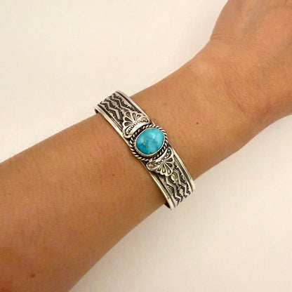 Stamped Kingman Turquoise Cuff Bracelet By Sunshine Reeves 5.5"