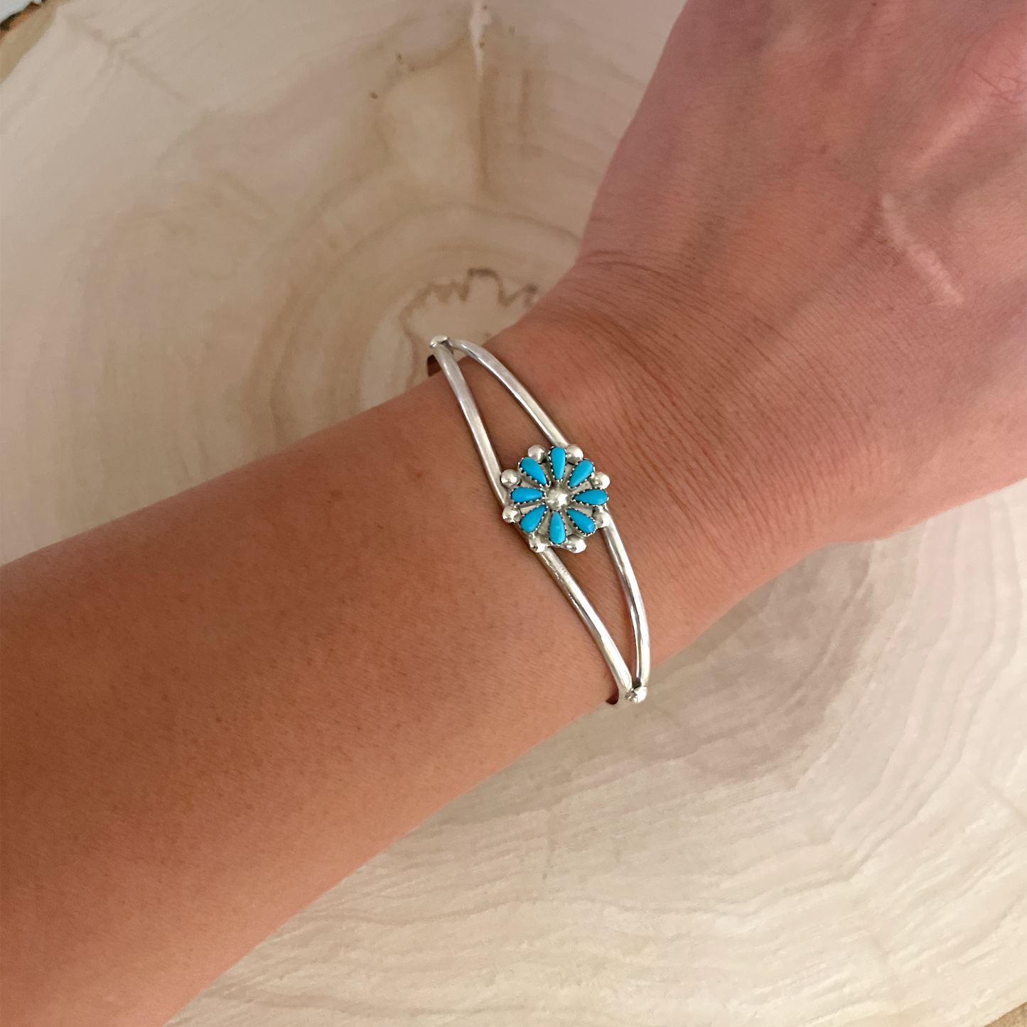 Turquoise Flower Cluster Cuff Bracelet By Trisha Leekity