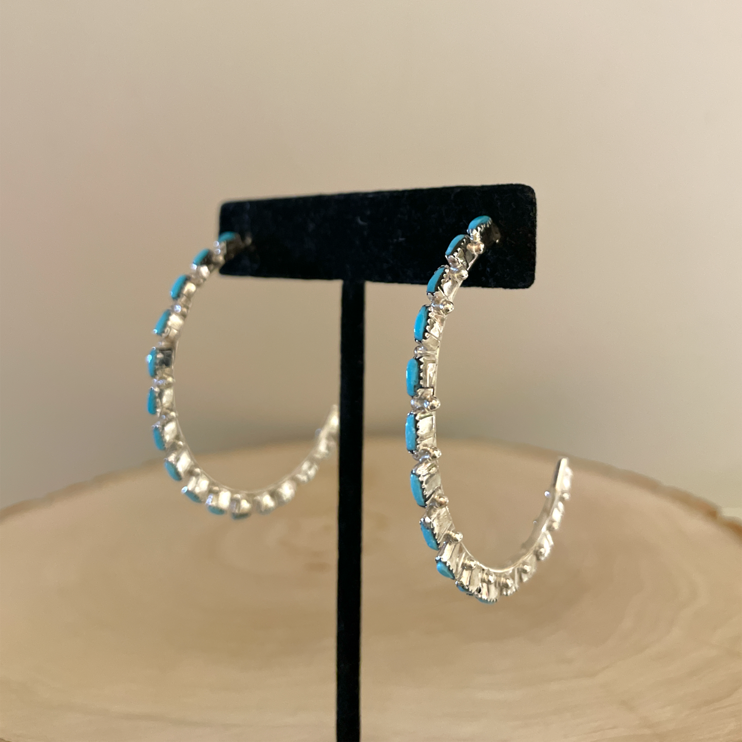 Needlepoint Turquoise Hoop Earrings 2"