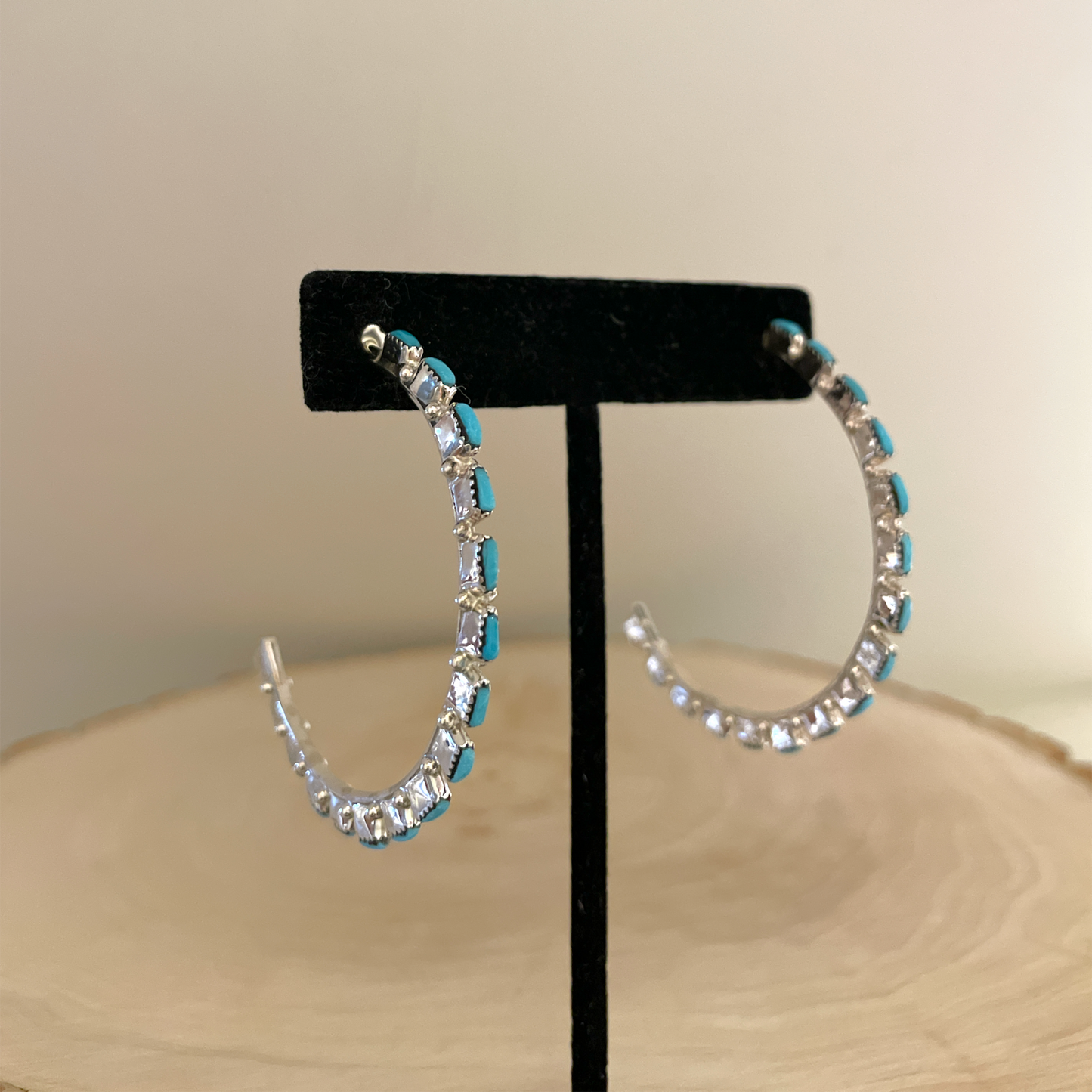 Needlepoint Turquoise Hoop Earrings 2"
