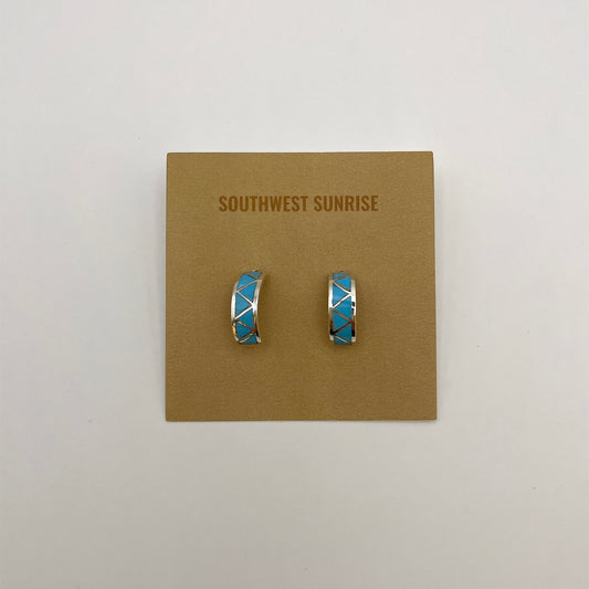 Turquoise Inlay Small Hoop Earrings 0.66"
