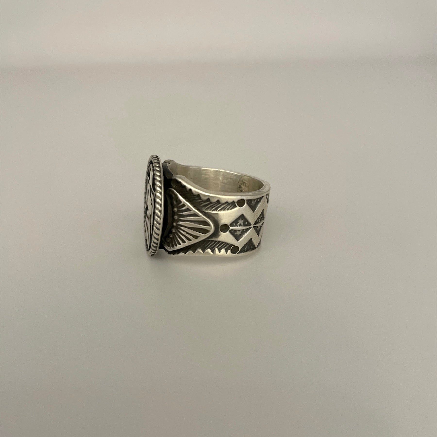 Navajo Ring, Silver Overlay, Signed store Lester Gene Sterling Silver Jewelry, Hand Made Native American sz 12.5 US