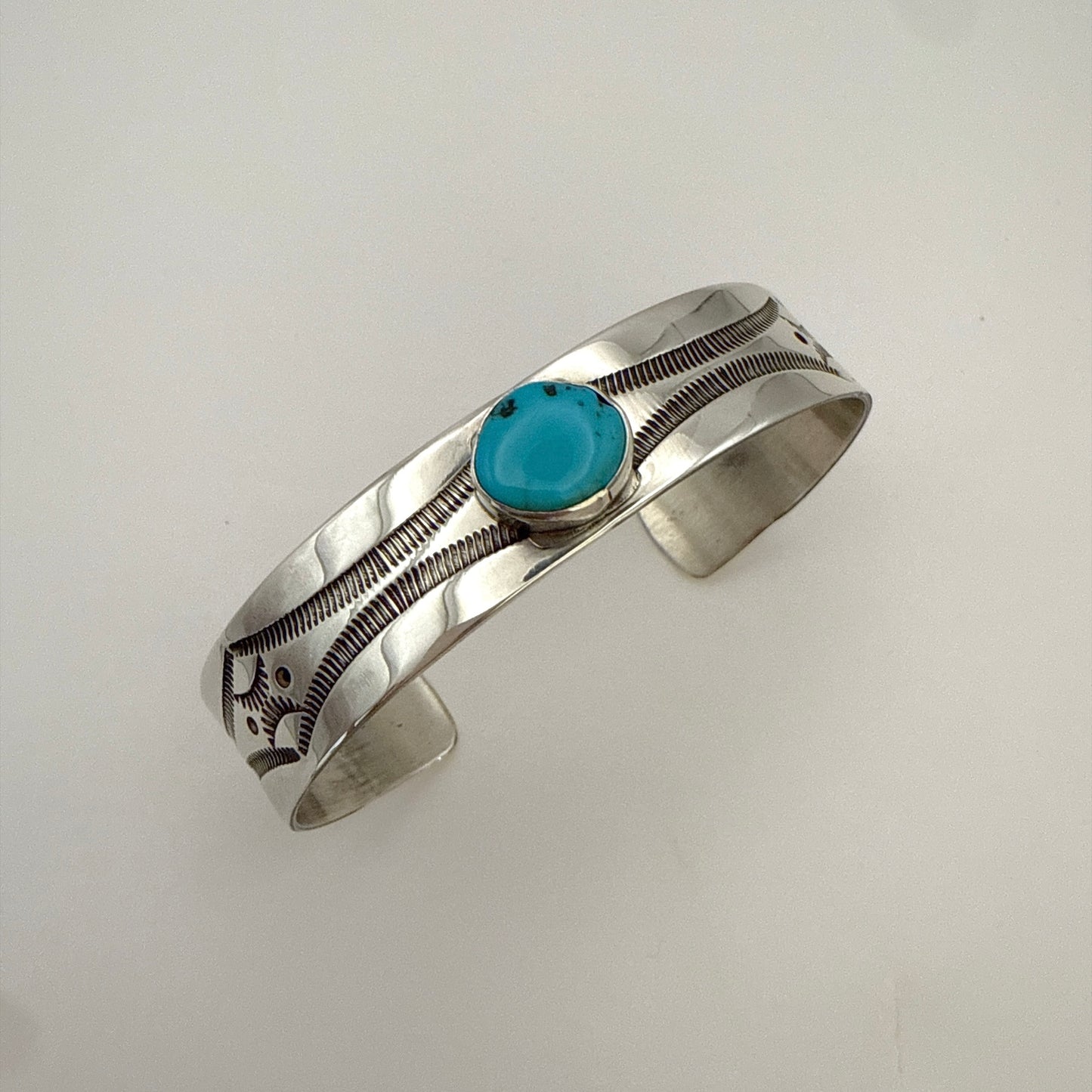 Stamped Sterling Silver Cuff Bracelet with Sleeping Beauty Turquoise 5 5/8"
