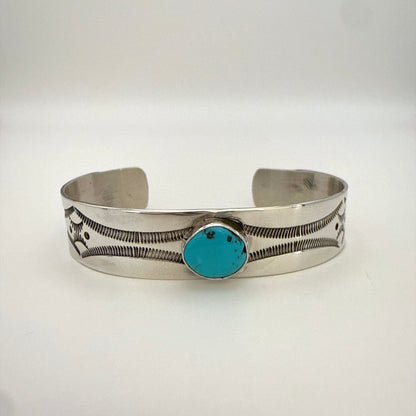 Stamped Sterling Silver Cuff Bracelet with Sleeping Beauty Turquoise 5 5/8"