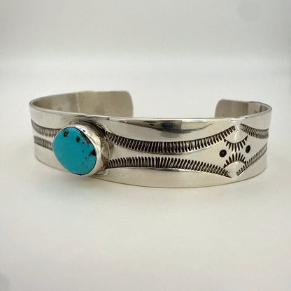 Stamped Sterling Silver Cuff Bracelet with Sleeping Beauty Turquoise 5 5/8"