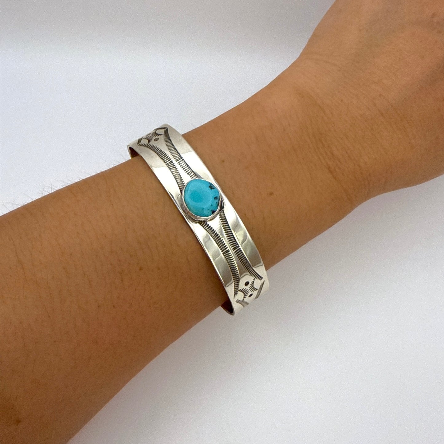 Stamped Sterling Silver Cuff Bracelet with Sleeping Beauty Turquoise 5 5/8"