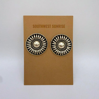 Sterling Silver Domed Sunburst Concho Stud Earrings