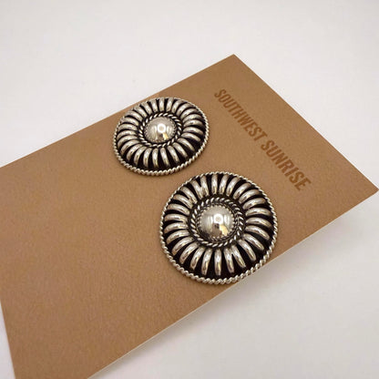 Sterling Silver Domed Sunburst Concho Stud Earrings