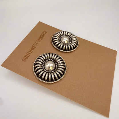 Sterling Silver Domed Sunburst Concho Stud Earrings