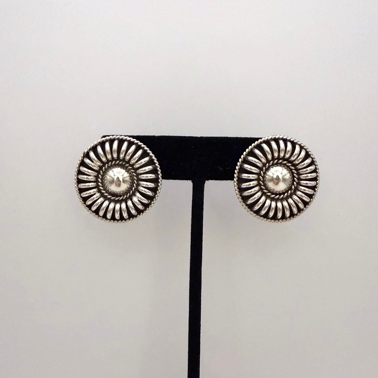 Sterling Silver Domed Sunburst Concho Stud Earrings