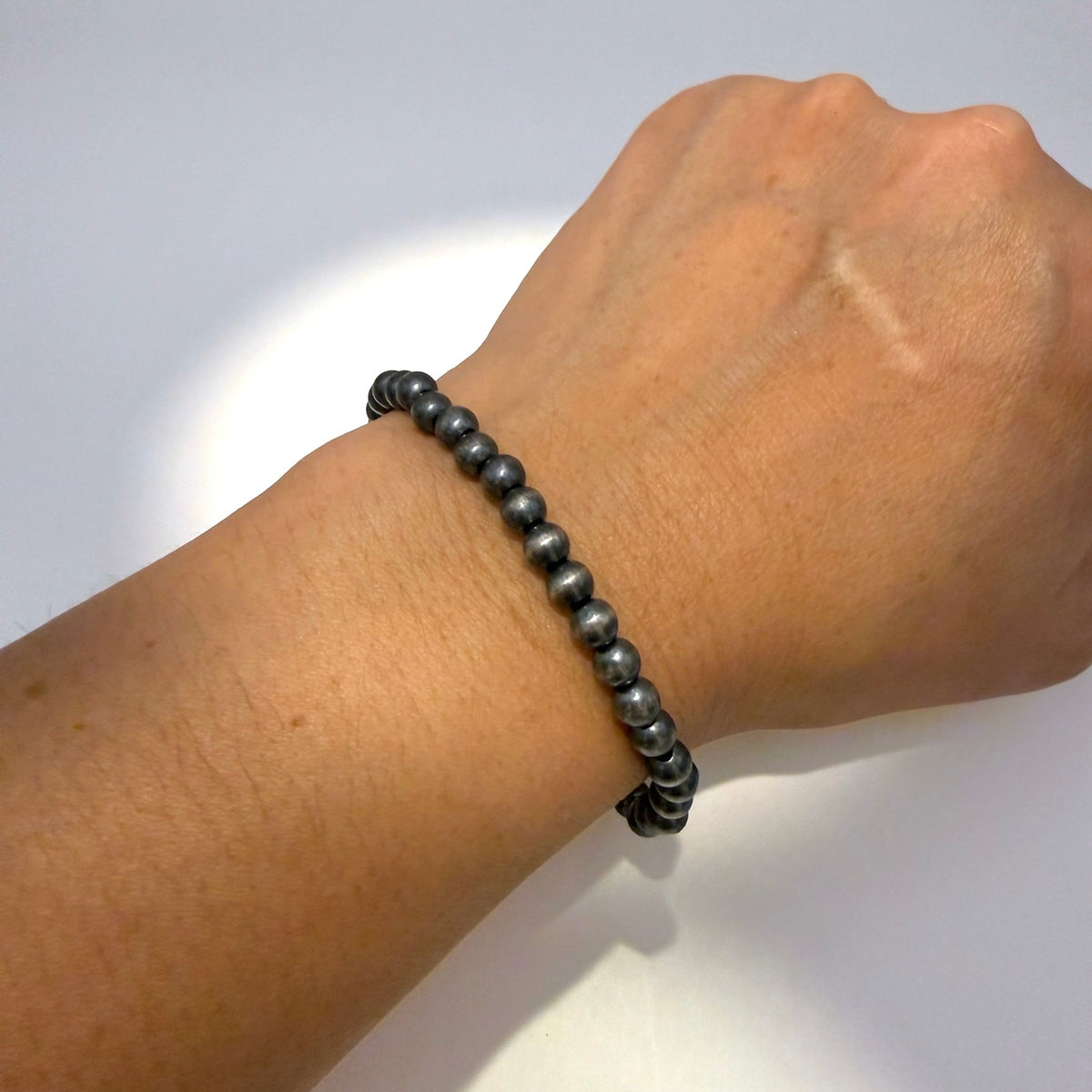 5mm Round Navajo Pearl Stretch Bracelet – Sterling Silver