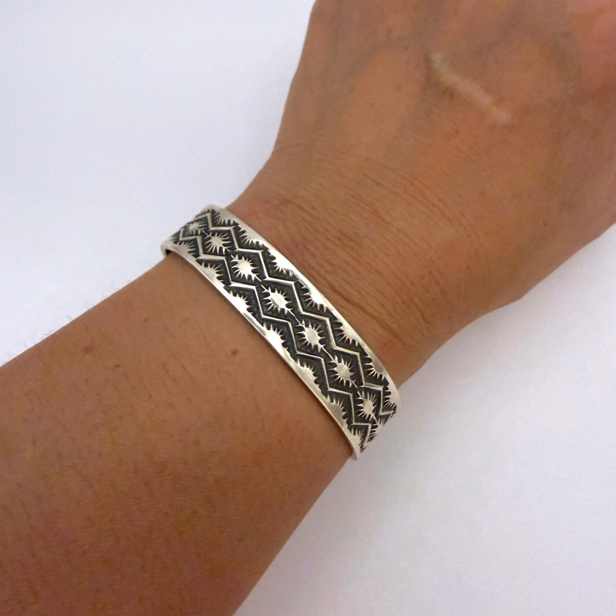 Stamped Sterling Silver Cuff Bracelet By Sunshine Reeves 4.75"