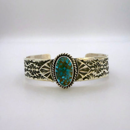 Stamped Kingman Turquoise Cuff Bracelet By Sunshine Reeves 4.75"