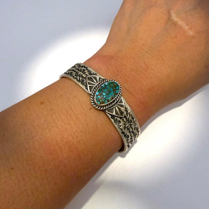Stamped Kingman Turquoise Cuff Bracelet By Sunshine Reeves 4.75"