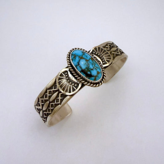 Stamped Kingman Turquoise Cuff Bracelet By Sunshine Reeves 5"
