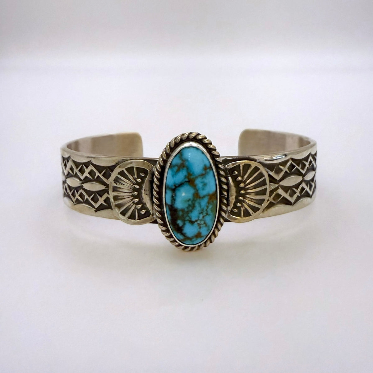 Stamped Kingman Turquoise Cuff Bracelet By Sunshine Reeves 5"