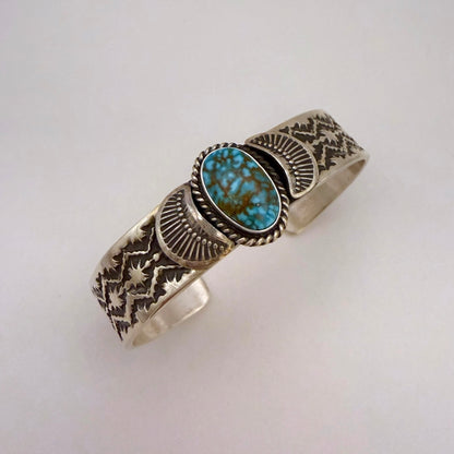 Stamped Kingman Turquoise Cuff Bracelet By Sunshine Reeves 5-1/8"