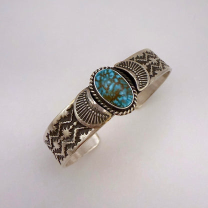 Stamped Kingman Turquoise Cuff Bracelet By Sunshine Reeves 5-1/8"